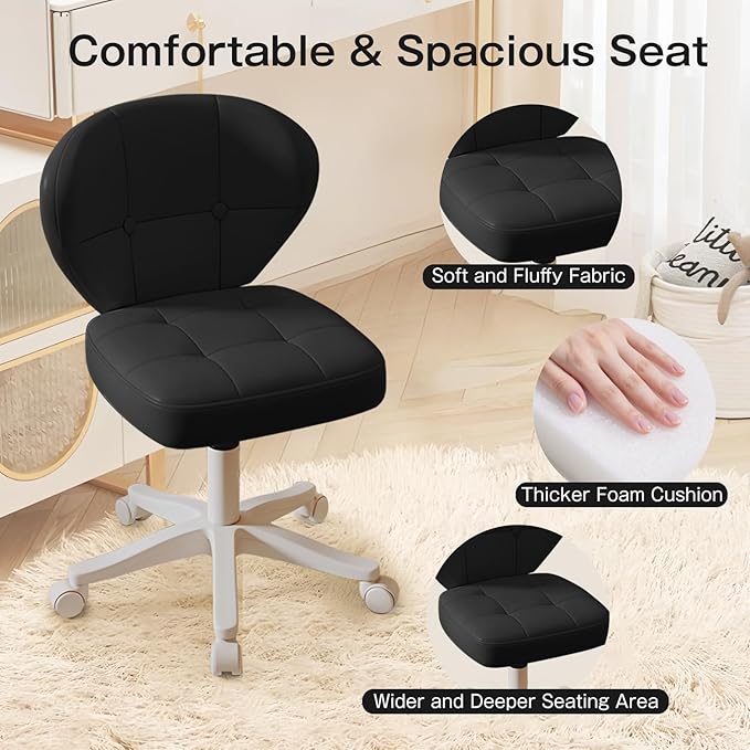 Vanity Chair with Back – Small Armless Office Chair with Wheels, Lumbar Support, PU Leather, Adjustable Height, 360° Swivel for Home, Bedroom, Office Black Set of 1
