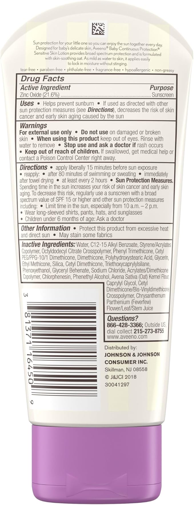 Aveeno Baby Continuous Protection Zinc Oxide Mineral Sunscreen Lotion for Sensitive Skin, Broad Spectrum SPF 50, Tear-Free, Sweat- & Water-Resistant, Paraben-Free, Travel-Size, 3 fl. oz