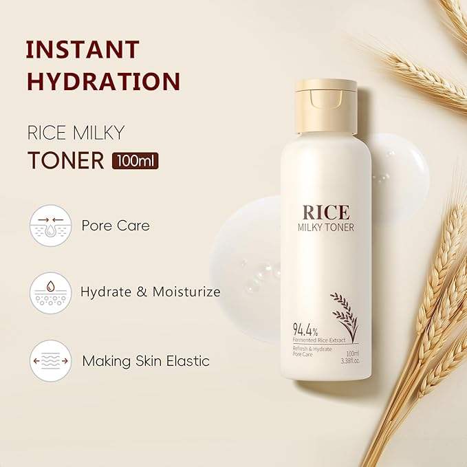 Milky Rice Toner for Face, Rice Toner Korean Facial Deep Hydrating Toners with Oryza Sativa Bran Extract Glow Glass Skin Moisturizing Soothing Sensitive Skin 3.38 Floz