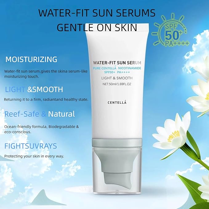 Centella Sunscreen SPF 50 PA++++:Hyalu Cica Water-Fit Sun Serum.long-lasting protection,moisturizing formula is light & smooth, No White Cast for All Skin Type and UV Defense.