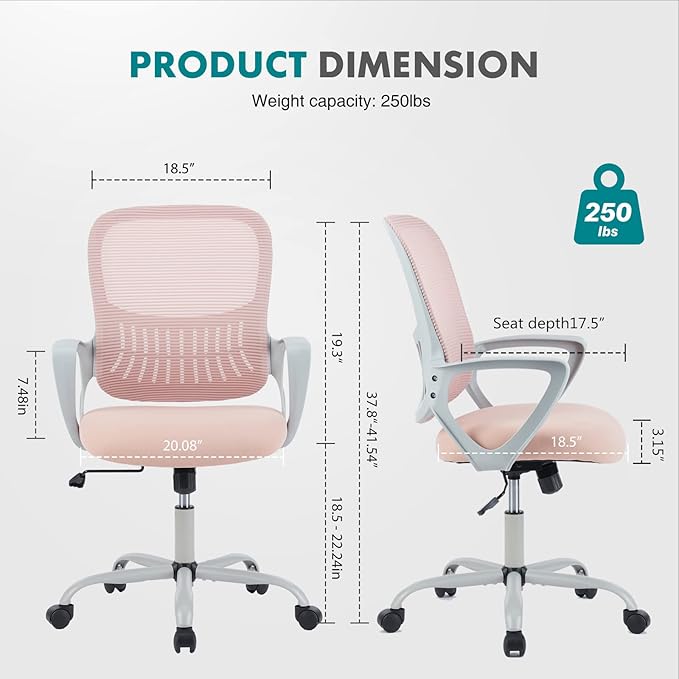 DUMOS Home Office Chair, Mid Back Computer Ergonomic Mesh Desk with Large Seat, Executive Height Adjustable Swivel Task with Lumbar Support and Armrest, for Adults, Pink