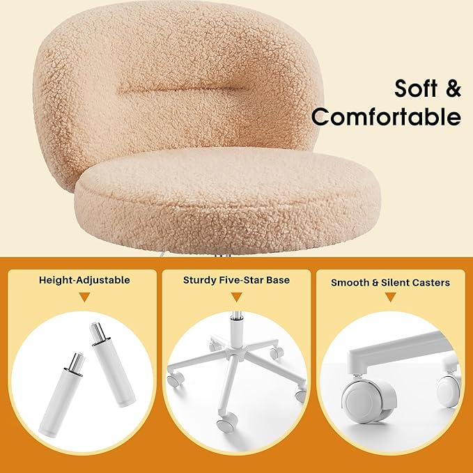 Small Round Vanity Chair with Back, Armless Home Office Desk Chairs, Height Adjustable & 360° Swivel, Cute Comfy Vanity Computer Chair for Bedroom, Home Office, Yellow