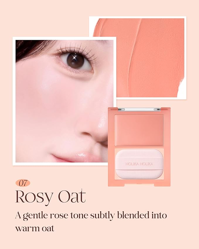 HOLIKA HOLIKA Tinted Milk Cream Blush 07 Rosy Oat - Korean Face Makeup with Built-In Puff, Semi-Luminous Milky Color, High Powder Content Formula, Transparent Finish for Semi-Matte Glow