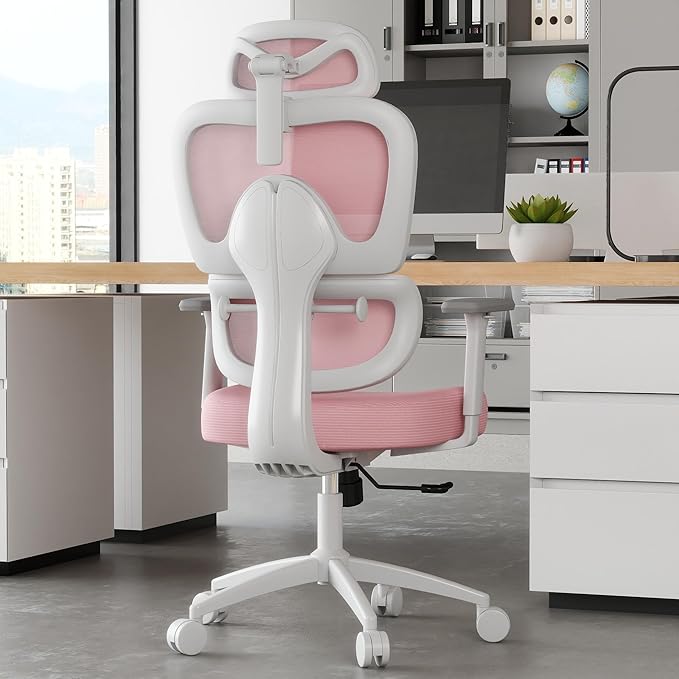Ergonomic Office Chair with Adjustable Lumbar Support, 3D Arms and Headrest, High Back Wide Desk Computer Chair with Wheels, for Home & Office, Pink