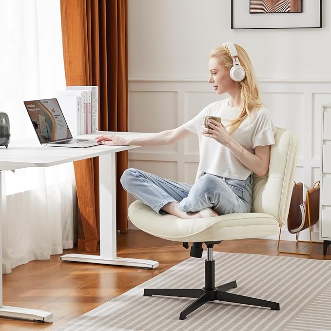 Sweetcrispy Armless-Office Desk Chair Without Wheels, Cross Legged Wide Chair, PU Leather Comfortable Adjustable Swivel Computer Task Chairs for Home,Office,Make Up,Small Space,Bed Room Light Beige
