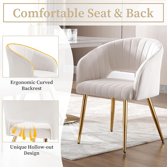 Westice Velvet Home Office Desk Chair Set of 1, Modern Tufted Vanity Chairs with Gold Metal Legs, Upholstered Accent Armchair for Living Room Restaurant, White