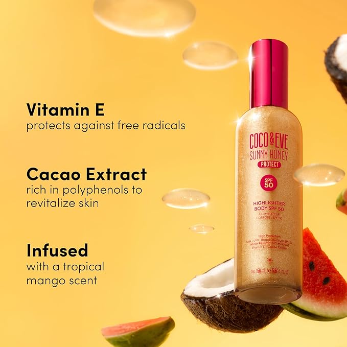 Coco & Eve Body Highlighter SPF 50 – Shimmer Sunscreen, Broad Spectrum Sun Protection, Lightweight Serum-Like Lotion with Pearlescent Minerals & Vitamin E for Hydrated & Glowing Skin, 5.07 Fl Oz