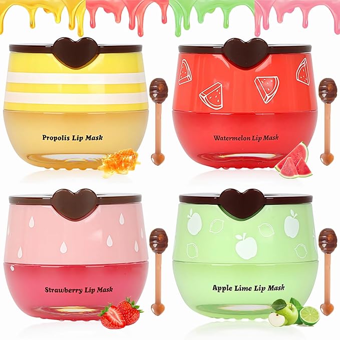 4 PCS Bee Lip Balm Lip Mask Honey Pot, Prevention Lip Dry Set, Strawberry & Watermelon & Apple Lime & Honey Lip Sleeping Mask Propolis Moisturizing Lip Balm, Mothers Day Gifts,Easter Basket Stuffers