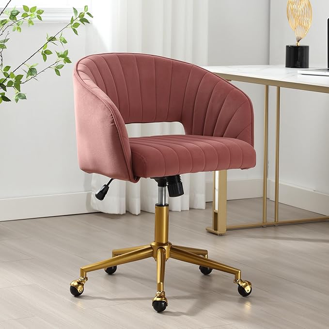 ABET Desk Chair with Wheels, Velvet Home Office Chair, Swivel Armchair Gold Base, Upholstered Modern Accent Chairs, Back Incline Adjustable for Living Room Bedroom Vanity, Bean Paste Red