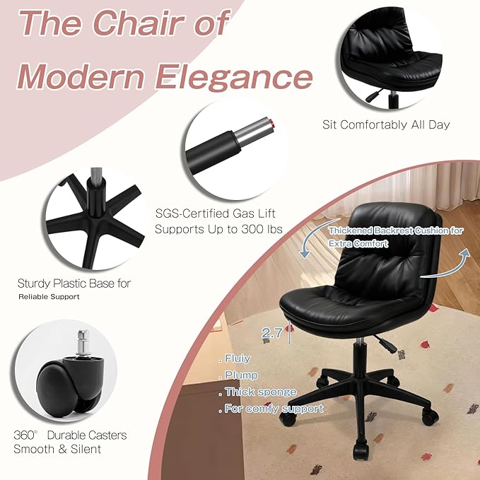 Office Chair, Ergonomic Desk Chair with Padded Cushion & Backrest, Adjustable Height & 360° Swivel, Armless Task Chair for Home Office, Computer Desk & Vanity Black