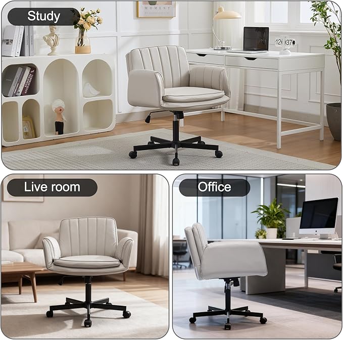 PU Leather Criss Cross Office Chair with Armrests & Wheels, 5-Gear Flip Up Arms Comfy Desk Chair for Women, Height Tilt Adjustable Swivel Chair for Home Office, Make Up, Bed Room and Living Room