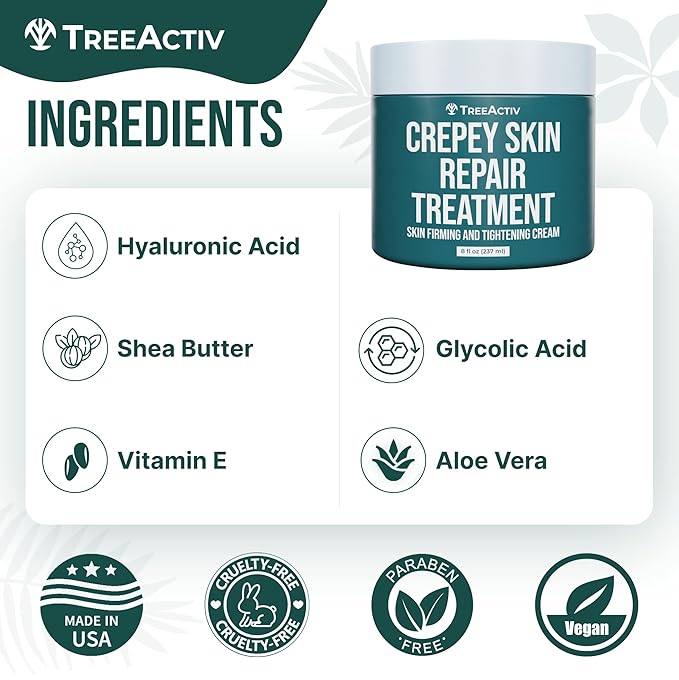 TreeActiv Crepey Skin Repair Cream, 8 oz Firming Body & Neck Cream with Hyaluronic Acid, Glycolic Acid & Shea Butter, Helps Crepey Skin Look Smoother, 500+ Uses