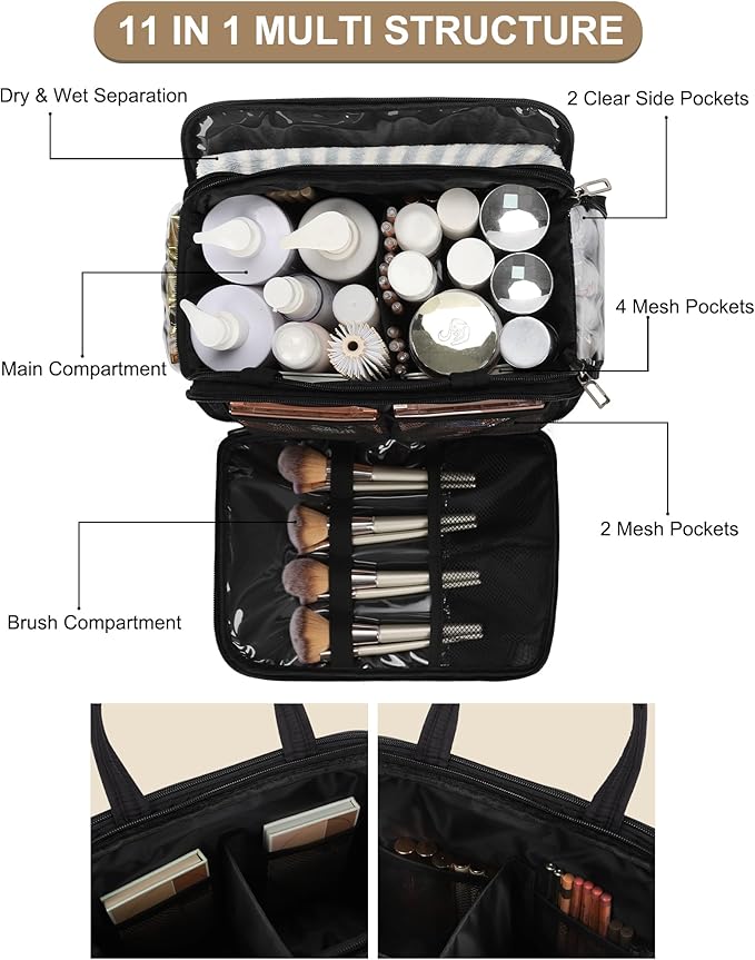 Travel Toiletry Bag for Women - Large Wide-open Makeup Bag with Compartments, Lightweight Cosmetic Bag with Adjustable Dividers, Puffy Visible Toiletry Organizer for Fulll-Sized Container