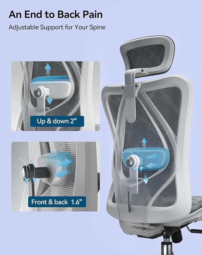 SIHOO M57 Ergonomic Mesh Office Chair, High Back Home Desk Chair with 3D Armrests, Lumbar Support and Adjustable Headrest, Comfortable Computer Chair, Big & Tall Office Chair Hold 330 LBS-Light Grey