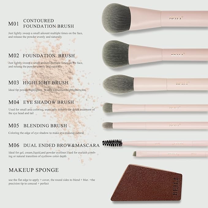 BEILI Mini 6Pcs Makeup Brush Set – Soft Pink, Travel Makeup Brushes for Foundation, Contour, Highlighter & Blending, Includes Sponge and Gift-Ready Box