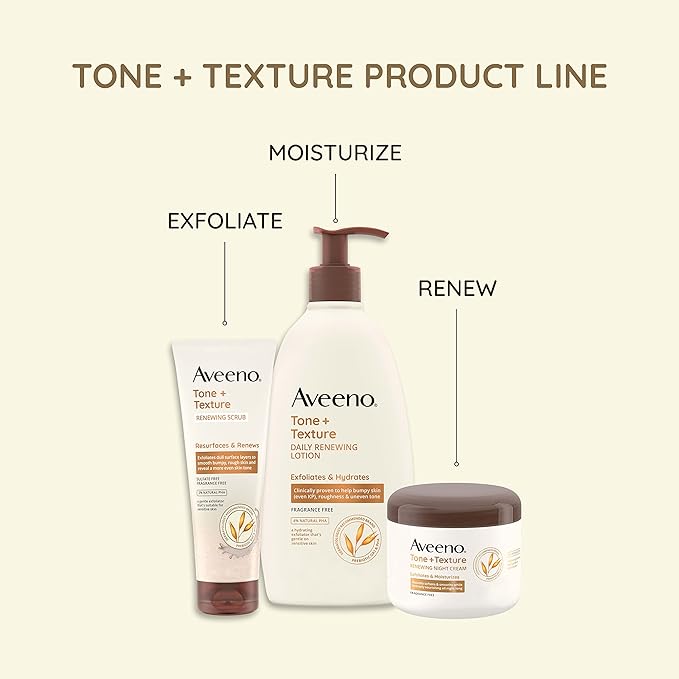 Aveeno Tone + Texture Renewing Body Night Cream With Prebiotic Oat, Gently Exfoliates & Moisturizes Sensitive Skin, Instantly Softens & Smooths & Intensely Nourishes, Fragrance-Free, 8 oz