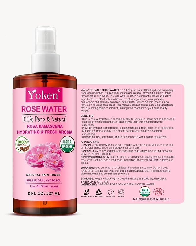 Organic Rose Water Spray for Face, 8 Fl Oz Fine Mist, Rosewater Face Mist with 100% Pure & Natural Rosa Damascena Rose Hydrosol, USDA Certified Organic, Alcohol Free, Vegan, No Dyes