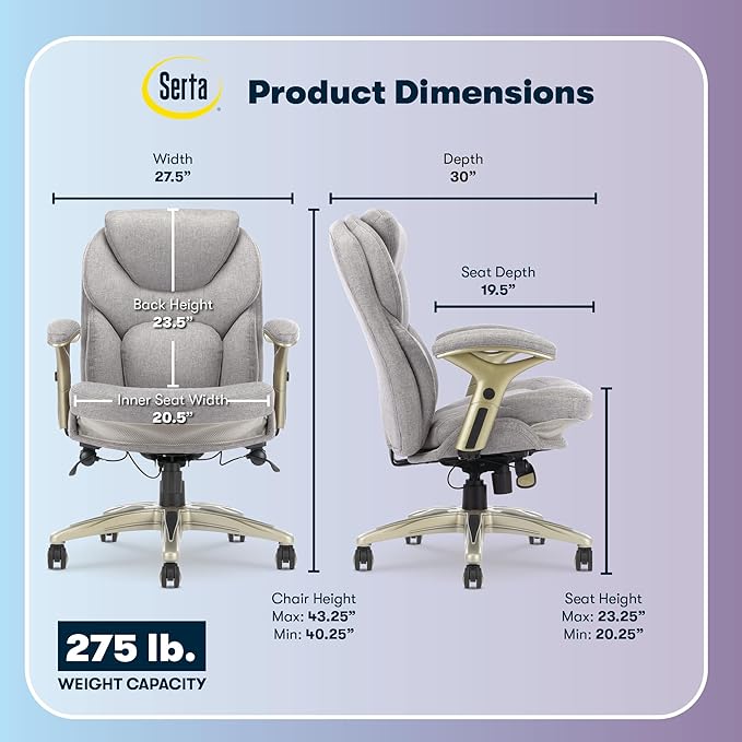 Serta Ergonomic Executive Office Chair Motion Technology Adjustable Mid Back Design with Lumbar Support, Light Gray Fabric