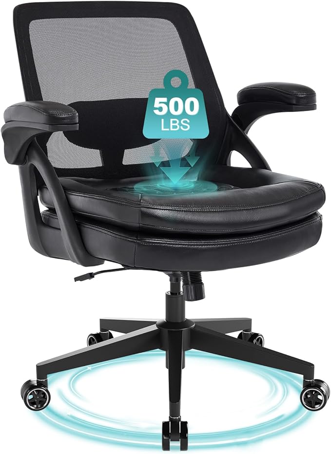 Big and Tall Office Chair, 500lbs Mesh Heavy Duty Ergonomic Desk Chair with Flip-up Armrests, Plus Size Wide Seat in PU Leather, 360 Swivel Computer Executive Task Chair for Home Office (Black)