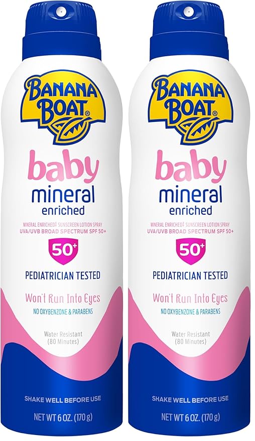 Banana Boat Baby Mineral Enriched Sunscreen, Won't Run Into Eyes, Broad Spectrum Sunscreen Lotion Spray, SPF 50, 6oz. (Pack of 2)