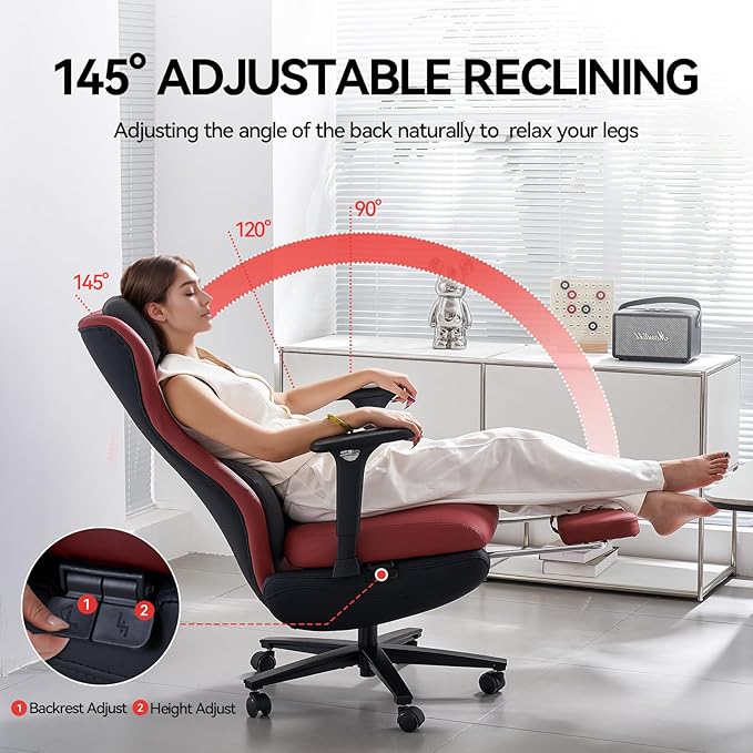 EMIAH Ergonomic Office Chair with Foot Rest Reclining Office Chair with Adjustable Arms and Headrest High Back Gaming Chair with Lumbar Support, PU Leather(Red)
