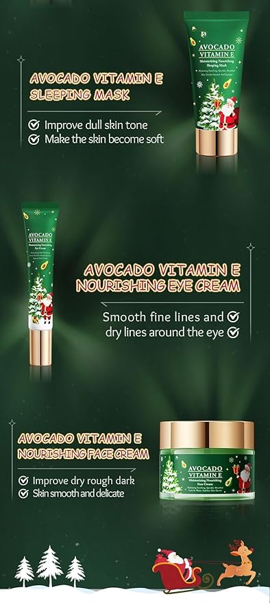 Christmas Skincare Kit Gift 6 Pcs with Facial Cleanser, Sleeping Mask, Lotion, Face Cream, Eye Cream, Toner Moisturizing & Nourishing Skin For Women Teen Girls Pomegranate Extract (Avocado)