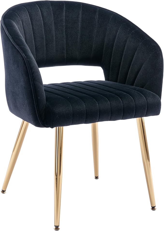 Home Office Chair Velvet Desk Chair Accent Armchair Upholstered Modern Tufted Chairs with Gold Legs for Girls Women Ergonomic Study Seat Computer Task Stools for Living Room(Black)