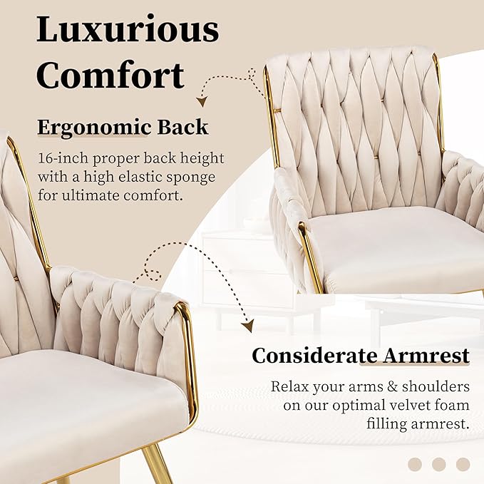 ABET Office Desk Chair No Wheels, Woven Velvet Vanity Chair with Back & Armrest, Comfy Upholstered Cute Gold Metal Legs Makeup Aesthetic Armchair for Girls & Women Bedroom, Nail Spa, Beige