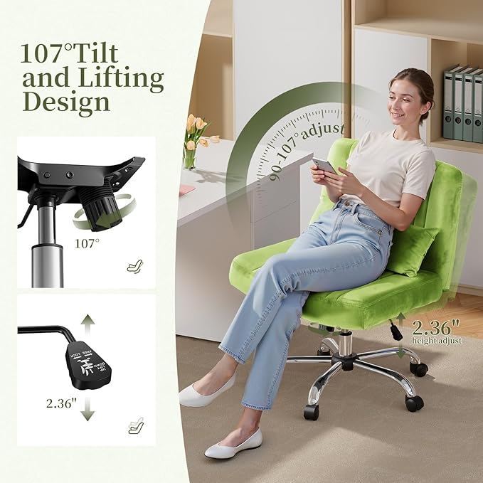 Warmiehomy Velvet Cross Legged Office Chair, Comfy Desk Chair for Home Office, Criss Cross Chair with Wheels, Height Adjustable Vanity Chair, Swivel Wide Seat Computer Chair Gift, Light Green