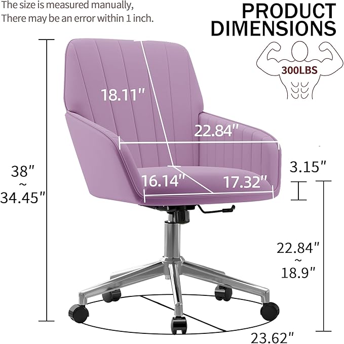 YISHENG Velvet Office Desk Chair with Silver Base, with Wheels,Modern Height Adjustable 360 Degree Swivel Upholstered Vanity Chairs with Arms for Living Room Bedroom,Light Purple