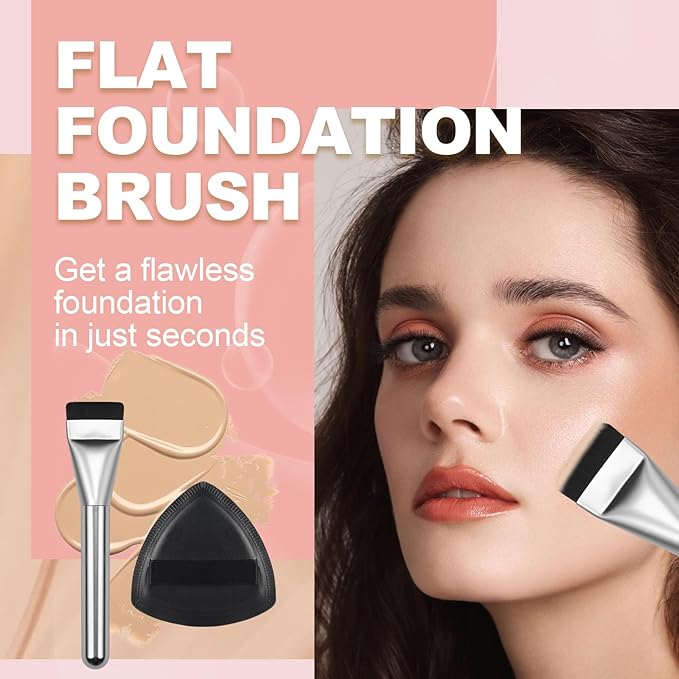 Flat Foundation Brush with Puff, Beautyfactor Ultral Thin Spatula Makeup Brush with Sponge for Liquid Makeup | Fast Flawless Korean Kabuki Brushes for Blending, Liquid, Cream, Blush, Buffing （Silver）