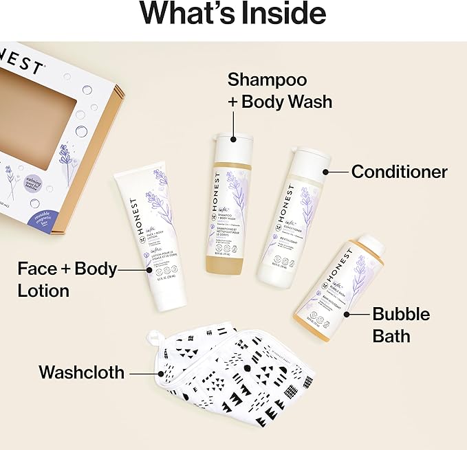 The Honest Company Calming Lavender Bathtime Gift Set Hypoallergenic Bath Essentials for Sensitive Baby Skin Shampoo and Body Wash Face Lotion Bubble Conditioner Cloth