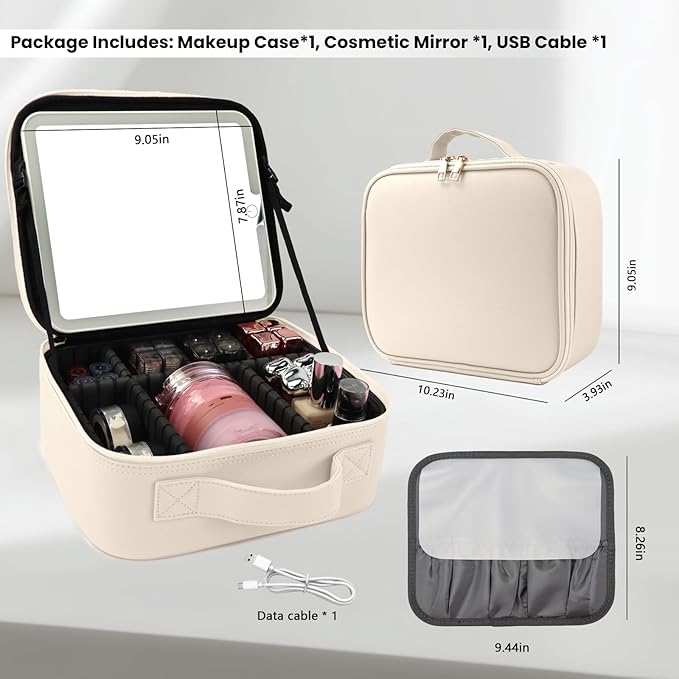 Travel Makeup Bag with LED Mirror and Light Makeup Travel Bag Organizer Portable Cosmetic Brush Organizer Bag with Adjustable Dividers for Cosmetics Makeup Brushes Toiletry (White)