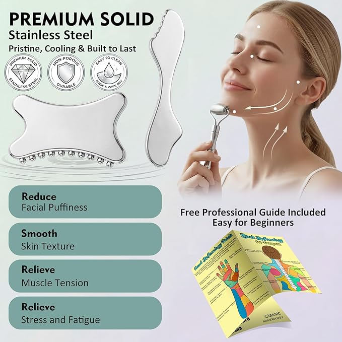 3-in-1 Stainless Steel Face Roller & Gua Sha Set – Cooling Facial Massager Tools for Sculpting, De-Puffing & Jawline Definition