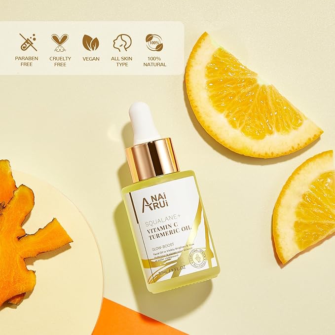 ANAI RUI Squalane Vitamin C Turmeric Facial Oil Moisturizer for Face, Hydrates, Firms Skin, 1fl.Oz.