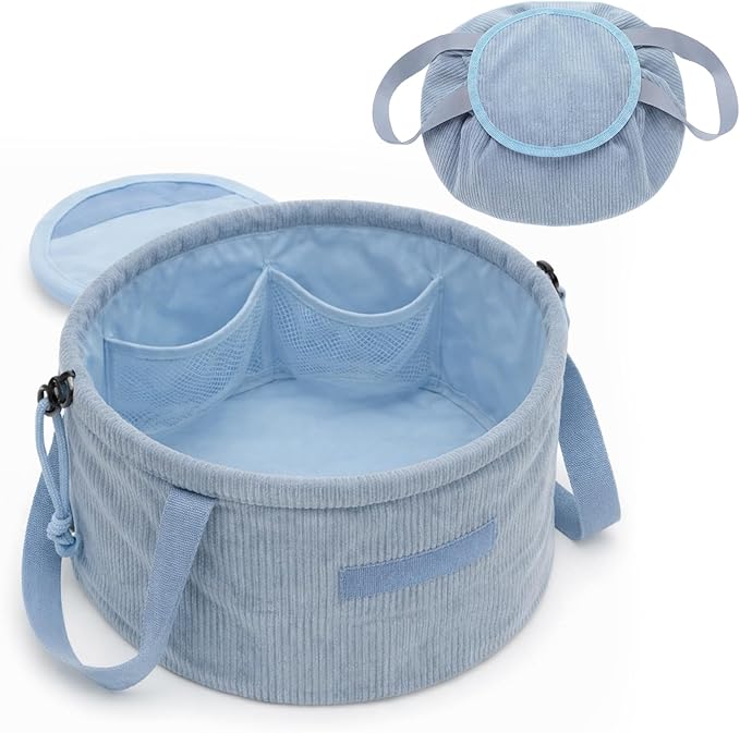 makeup bag lay flat Lay Flat Barrel Drawstring Corduroy Makeup Bag for Women Portable Open-flat Large Capacity Travel Cosmetic Organizer, Skincare & Brush Storage(Blue)