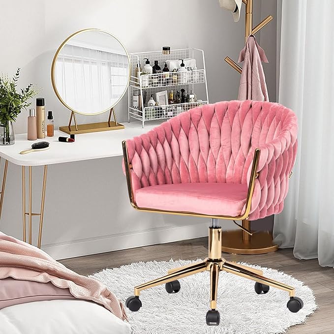 Cute Velvet Office Chair with Back and Golden Wheels, 360° Swivel Small Office Desk Chair Makeup Vanity Chair for Bedroom, Pink Rolling Chair