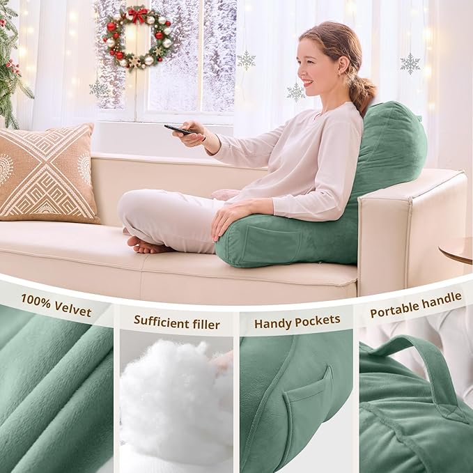 Sasttie Reading Pillow, Pillows for Reading or Relaxing – Ergonomic Support for Head, Neck, Back, and Lumbar, 21-Inch, Green