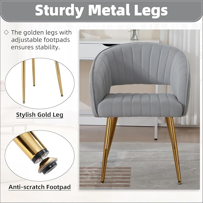 ABET Desk Chair with No Wheels, Velvet Home Office Armchair Gold Legs, Upholstered Modern Accent Chairs, Side Chair for Living Room Bedroom Vanity, Grey