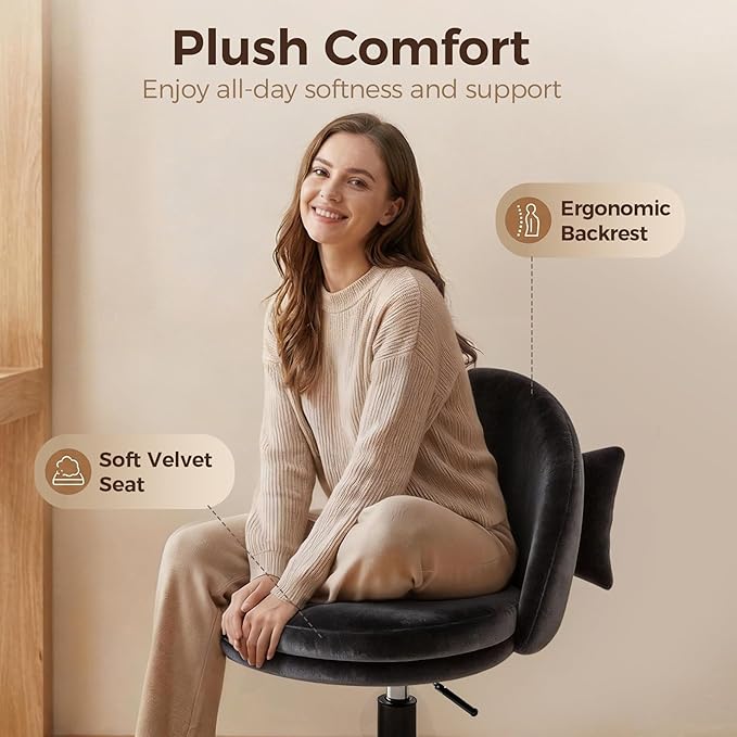 GTPOFFICE Vanity Chair with Back, Adjustable Tall Office Chair High Swivel Bar Stools Fluffy Cute Desk Chair Comfy with Wheels Bow Pillow Armlees for Adults Standing Desk Bar, Soft Velvet, Black