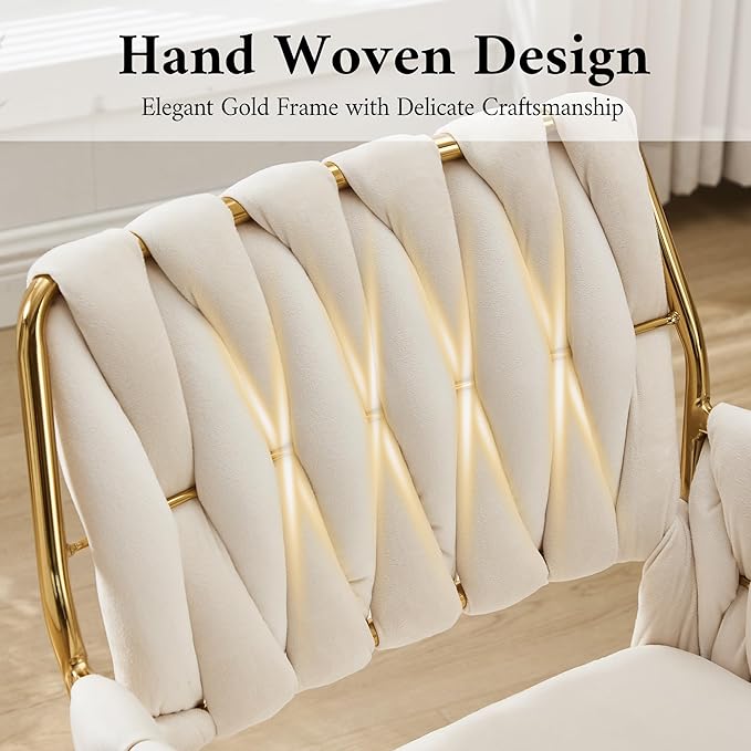 civama Velvet Office Desk Chair with Hand Woven Backrest, 360°Swivel & Height Adjustable Cute Girls Vanity Vlog Chairs, Nail Salon Bedroom Dressing Room Armchair with Gold Base and Wheels (Beige)