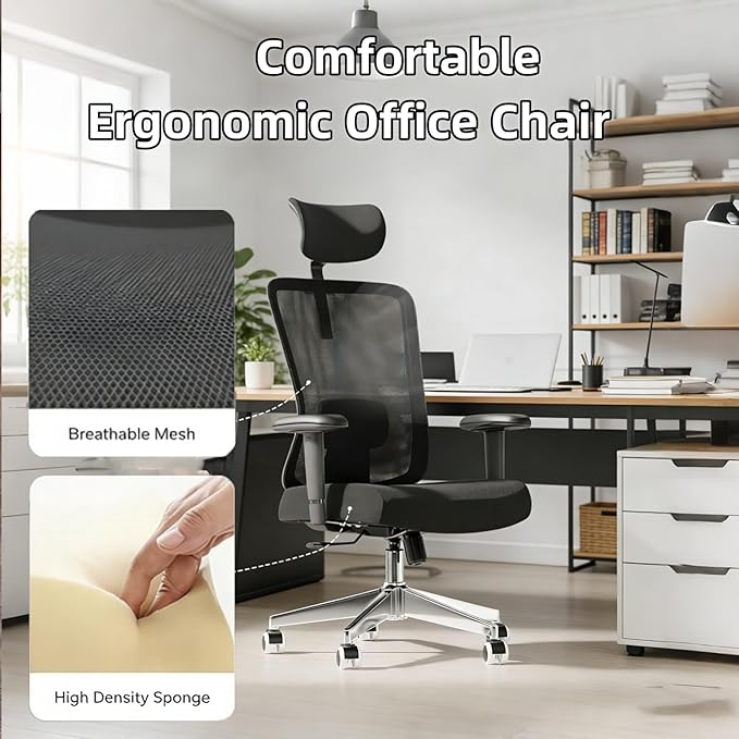 Monhey Ergonomic Office Chair, 90°-125° Tilt Back Home Desk Chair with 360° Swivel & Mute Wheels, High Back Mesh Computer Chair for Adults with Lumbar Support, 330 LBS Capacity (08All Black)