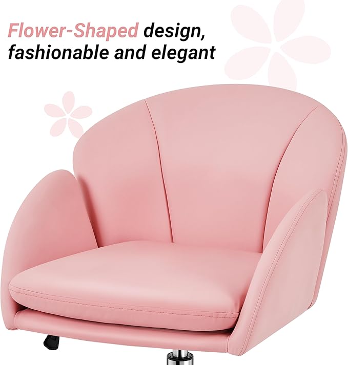 Yaheetech Cute Petal Desk Chair Home Office Chair Swivel Upholstered Leather Desk Chair Makeup Vanity Chair with Armrests for Bedroom Modern Computer Rolling Chair for Women Simple Pink