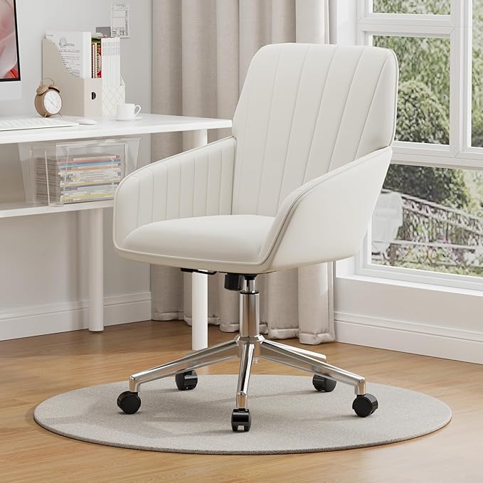 YISHENG Velvet Office Desk Chair with Silver Base, with Wheels,Modern Height Adjustable 360 Degree Swivel Upholstered Vanity Chairs with Arms for Living Room Bedroom,Cream