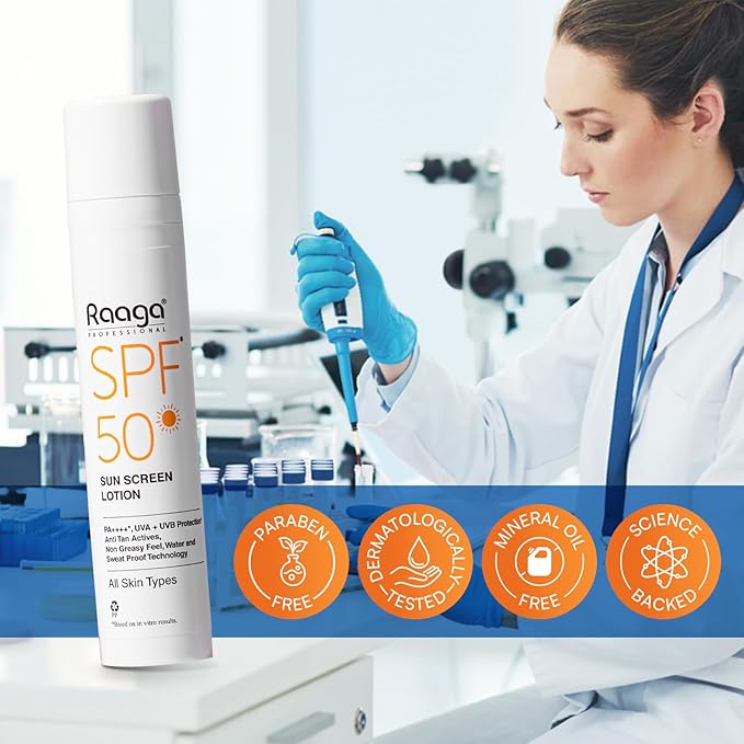 Raaga Sunscreen Lotion SPF 50 Broad Spectrum UVA and UVB Lightweight Non Greasy Water Resistant 1.86 Fl Oz 55ml
