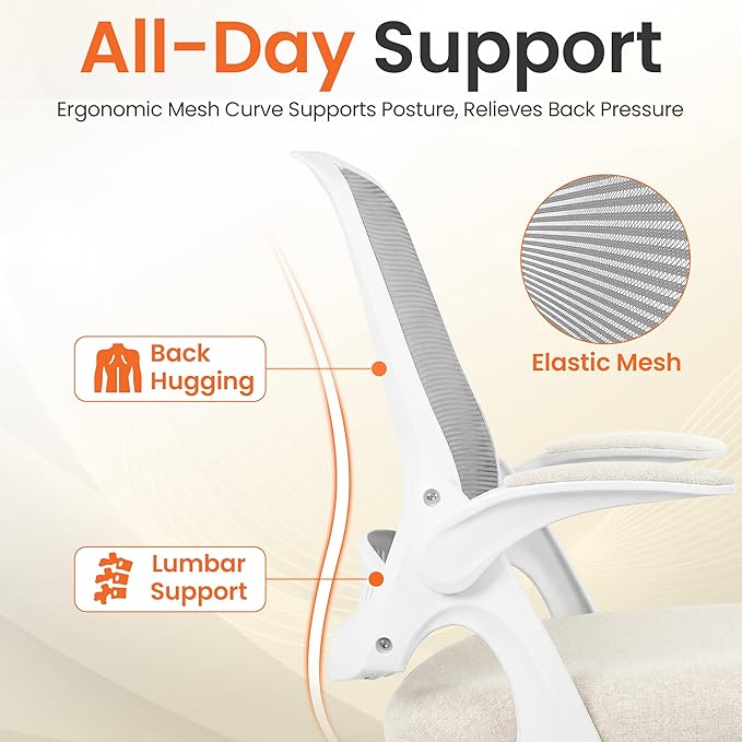 NEO Chair Office Chair Gaming Desk Computer Mesh Ergonomic Chair with Flip-up Arms Comfy Lumbar Support Adjustable Height Rolling Wheels Chair for Home Office (Ivory)