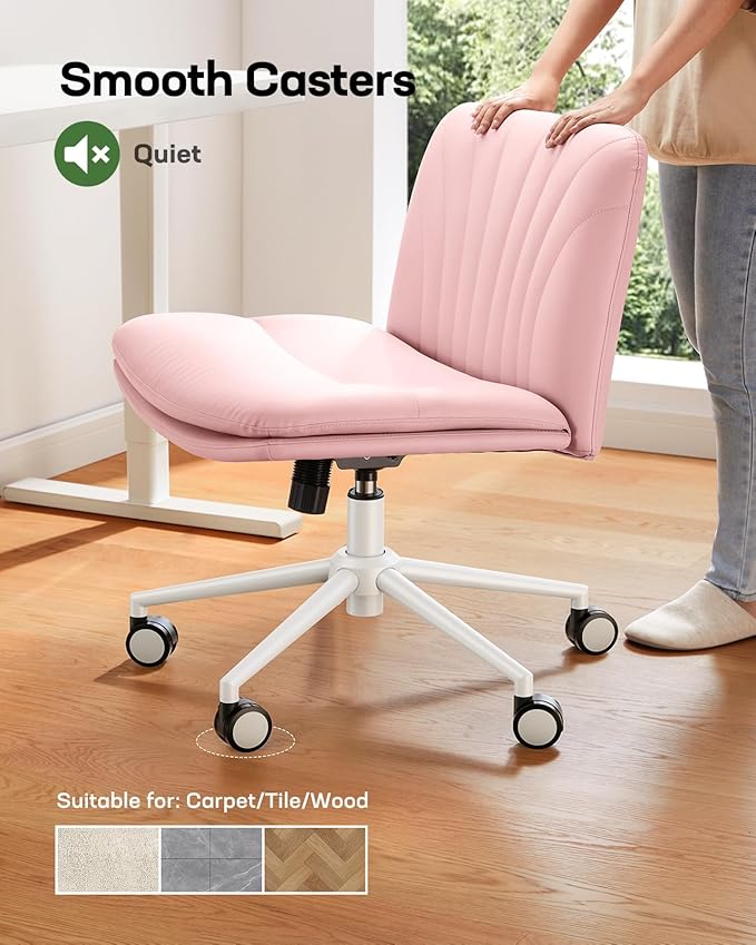 Marsail Armless-Office Desk Chair with Wheels: PU Leather Cross Legged Wide Chair,Comfortable Adjustable Swivel Computer Task Chairs for Home,Office,Make Up,Small Space,Bed Room, Pink
