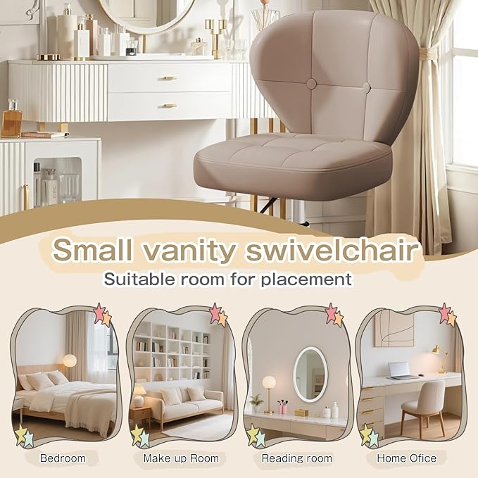 Vanity Chair with Back – Small Armless Office Chair with Wheels, Lumbar Support, PU Leather, Adjustable Height, 360° Swivel for Home, Bedroom, Office (Khaki Set of 1)