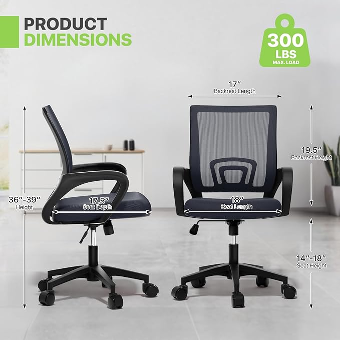 Magshion Ergonomic Office Desk Chair, Mid-Back Mesh Computer Chair, Swivel Chair with Breathable Backrest & Lumbar Support, Adjustable Height for Gaming, Work, Study, 300 Lbs Capacity, Gray