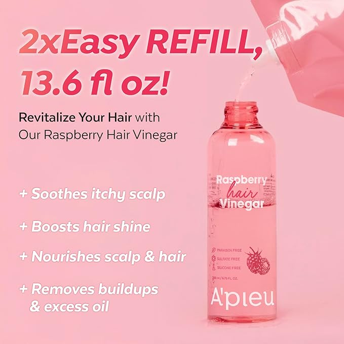 A’PIEU Raspberry Hair Vinegar Rinse & Refill Set for Scalp Detox & Clean, Smooth & Shiny Hair, Clarifying Treatment for Dandruff, Buildup, pH Balancing, Korean Haircare (6.76 fl oz |13.6 fl oz)